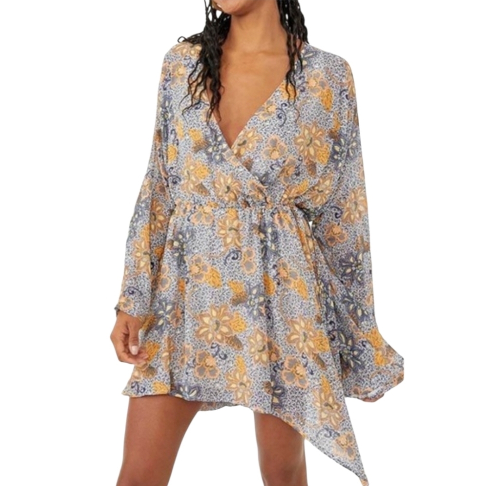Free People Small Babydoll Floral Long Sleeve Dress - Blue and Orange Boho Chic